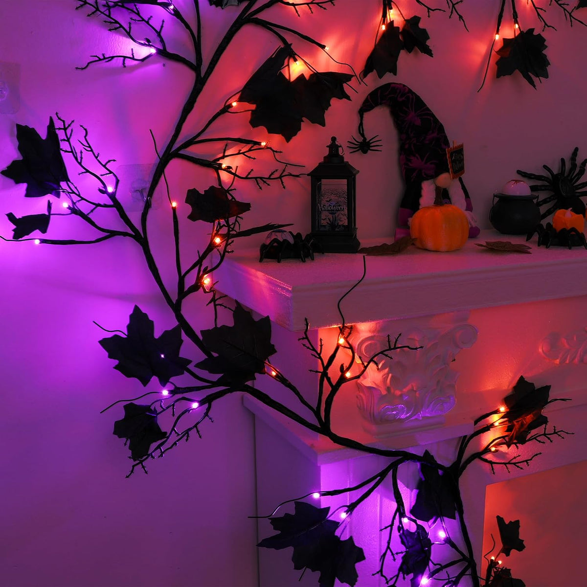 FLYSNK 9 FT 72 LED Halloween Willow Vine Twig Decorations With Orange & Purple Lights - 8 Modes & Timer - Battery Operated Garland for Indoor Mantle Fireplace Home Decor