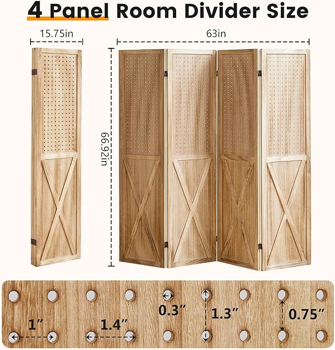 ALeesing 4 Panel Pegboard Wood Room Divider, 5.6Ft Pegboard Display Folding