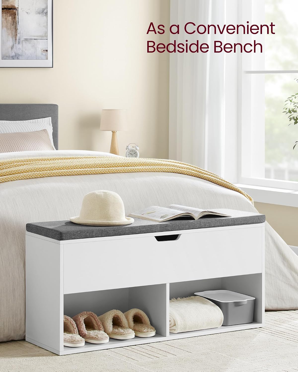 vasagle shoe storage bench with cushion, 2 open, side view