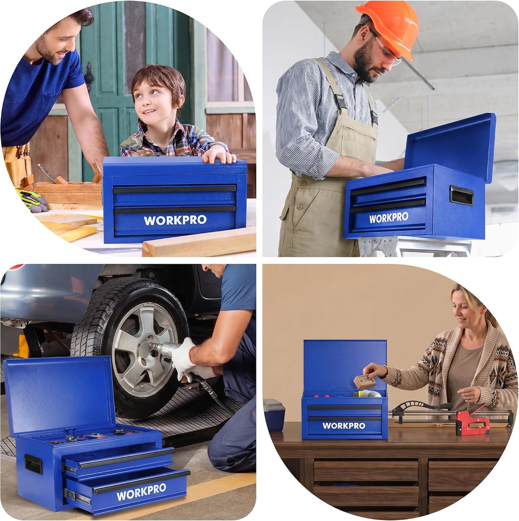 workpro 15＂ heavy duty metal toolbox with 2 on a desk or shelf
