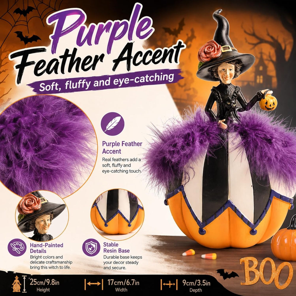 Halloween Witch Figurine, Black and White Pumpkin Table Home Decor
