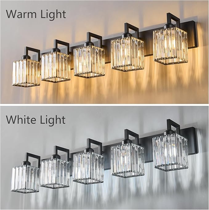 FDPBY Black Bathroom Light Fixture, 5-Light Crystal Vanity Lighting, Bathroom