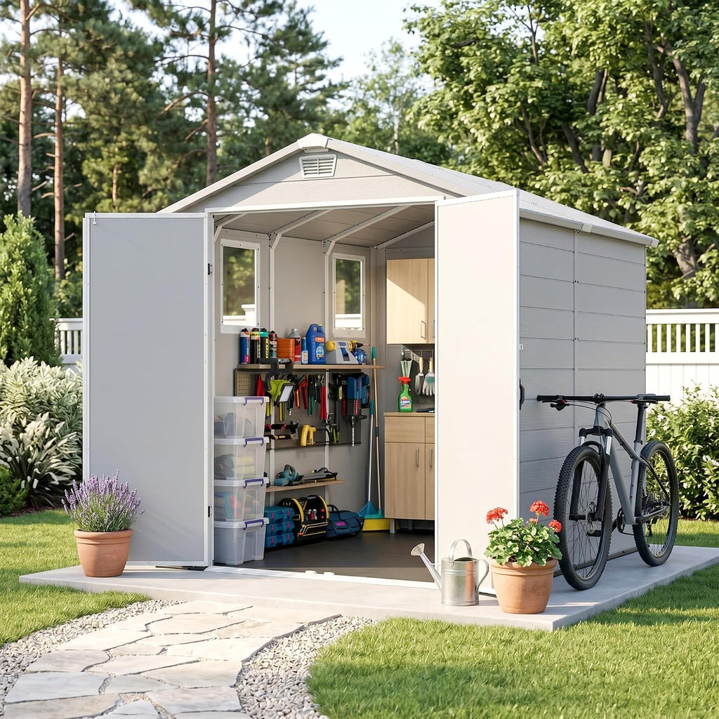 devoko 6x8 ft resin outdoor storage shed with showing dimensions