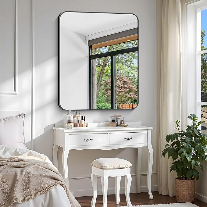 Bathroom Mirror, 36 x 30 inch Metal Framed Black Rectangle Mirror, Rounded