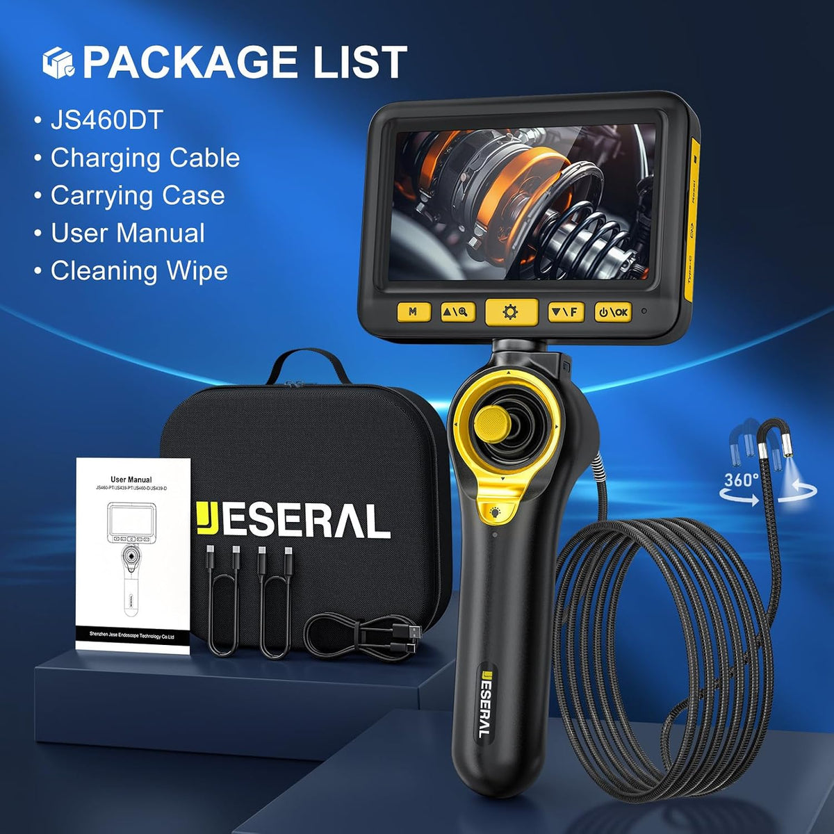 360°Articulating Borescope Camera - JESERAL 5" HD 1080P Inspection Camera Screen with 6 Light, Endoscope with 6.2mm IP67 Waterproof Probe, 3X Zoom 4-Way Borescope Engine with 1M Flexible Cable