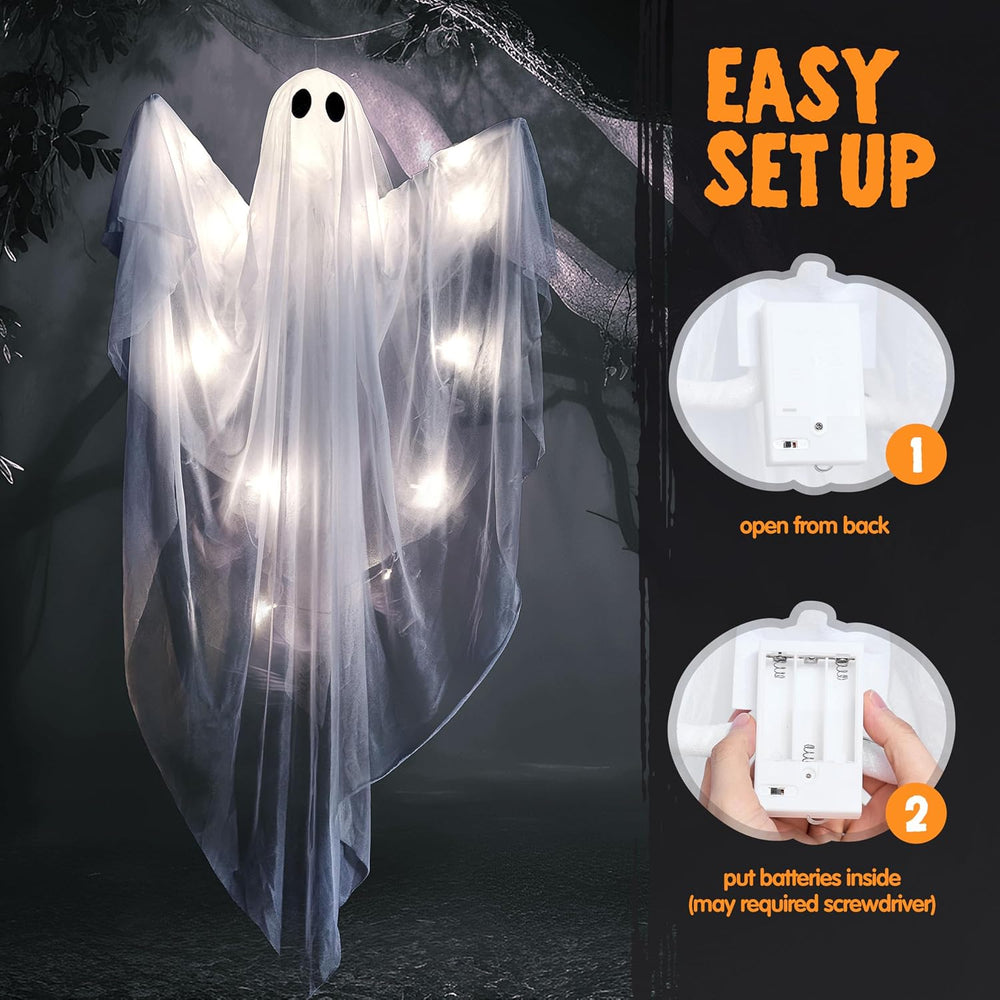 JOYIN 2 Pcs 47” Halloween Light up Hanging Ghost Decorations Outdoor, Cold Wh...