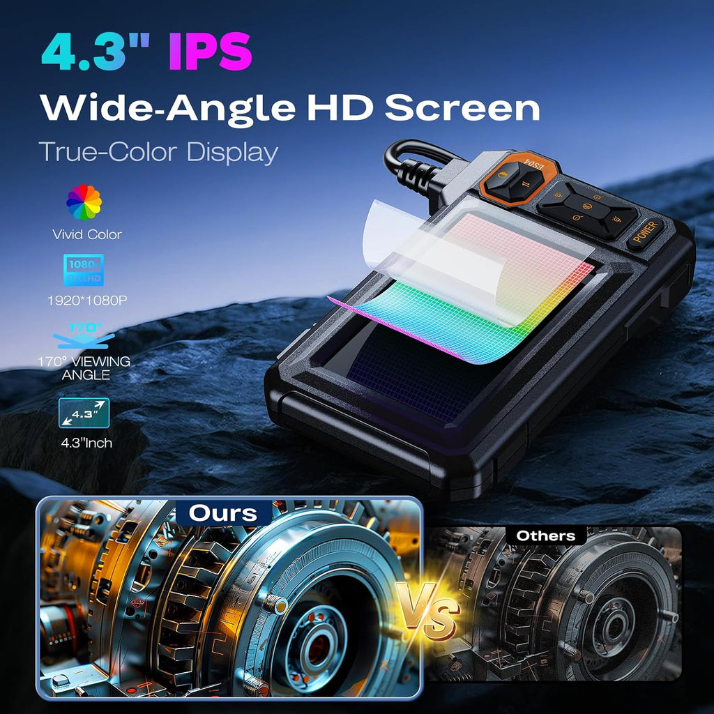 endoscope camera with light, 1920p hd borescope, 4.3", close-up detail