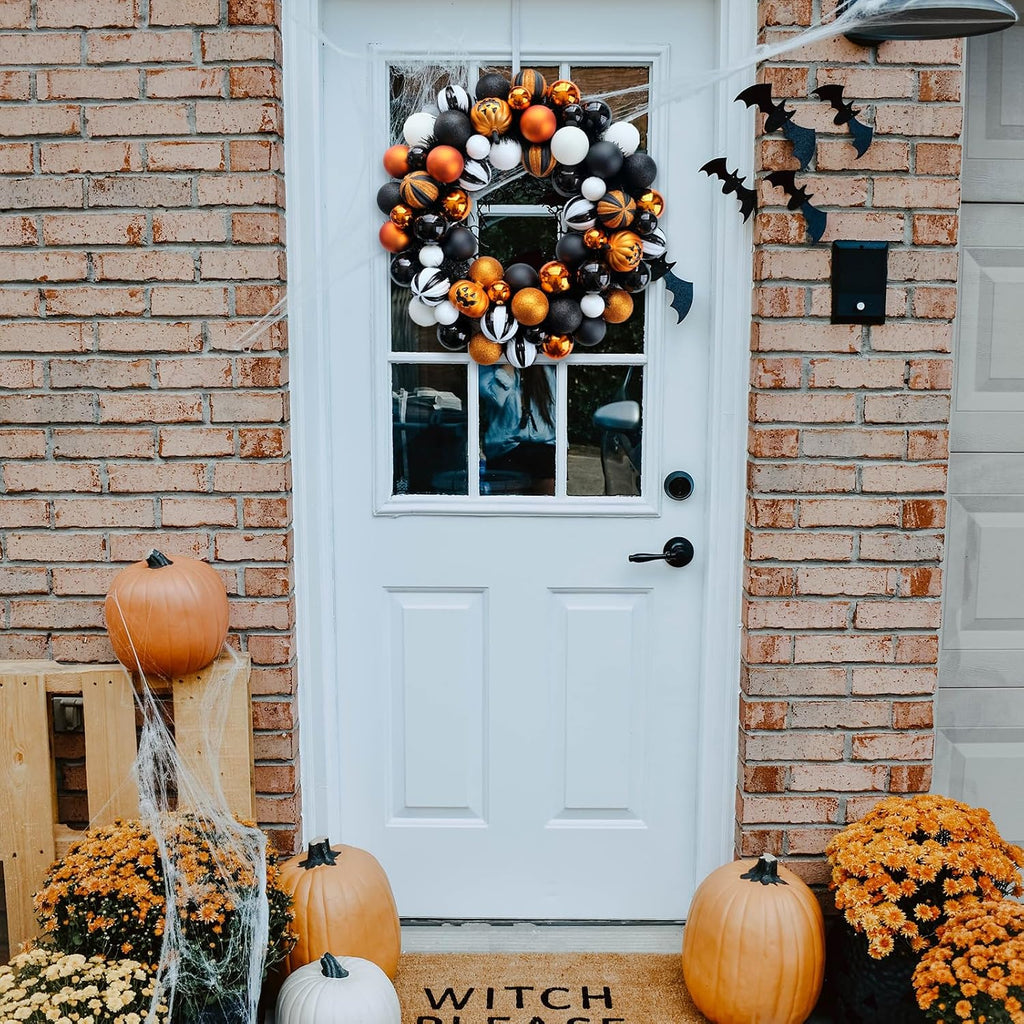 Happy Halloween Wreath for Front Door, 18” Artificial Ball Wreaths Door Decor for Home Halloween Party Decorations (18in)