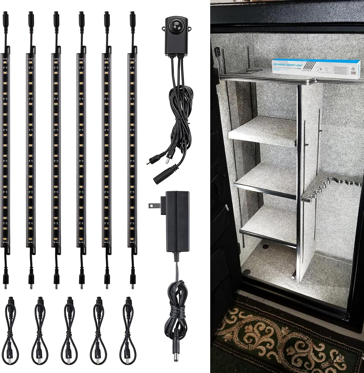 TORCHSTAR 6pcs 12 Inch LED Safe Lighting Kit, Motion Sensor, 5000K | UL Power Adapter, Input 100-240V, Linkable Gun Safe Light Bars, 900LM, for Under Cabinet Locker Closet Showcase, Daylight