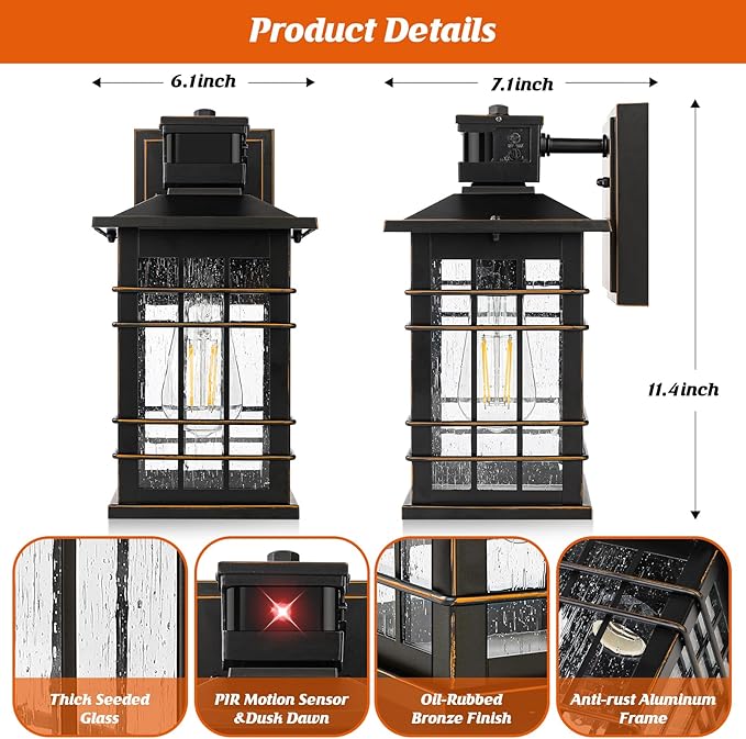 Motion Sensor Outdoor Light Fixture Wall Mount, Dusk to Dawn Oil-Rubbed Bronze