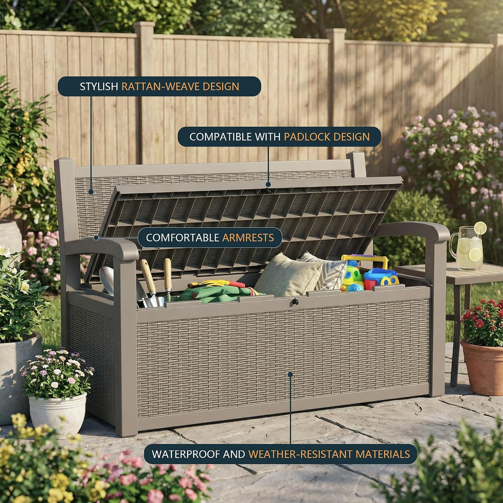 drato 75 gallon storage bench deck box outdoor, side view