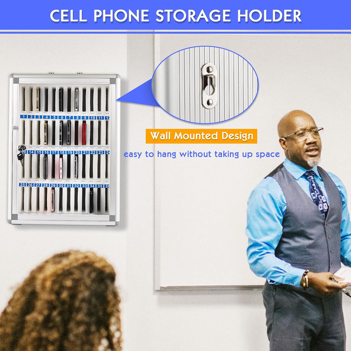 48 slots aluminum alloy cell phone locker, phone, close-up detail