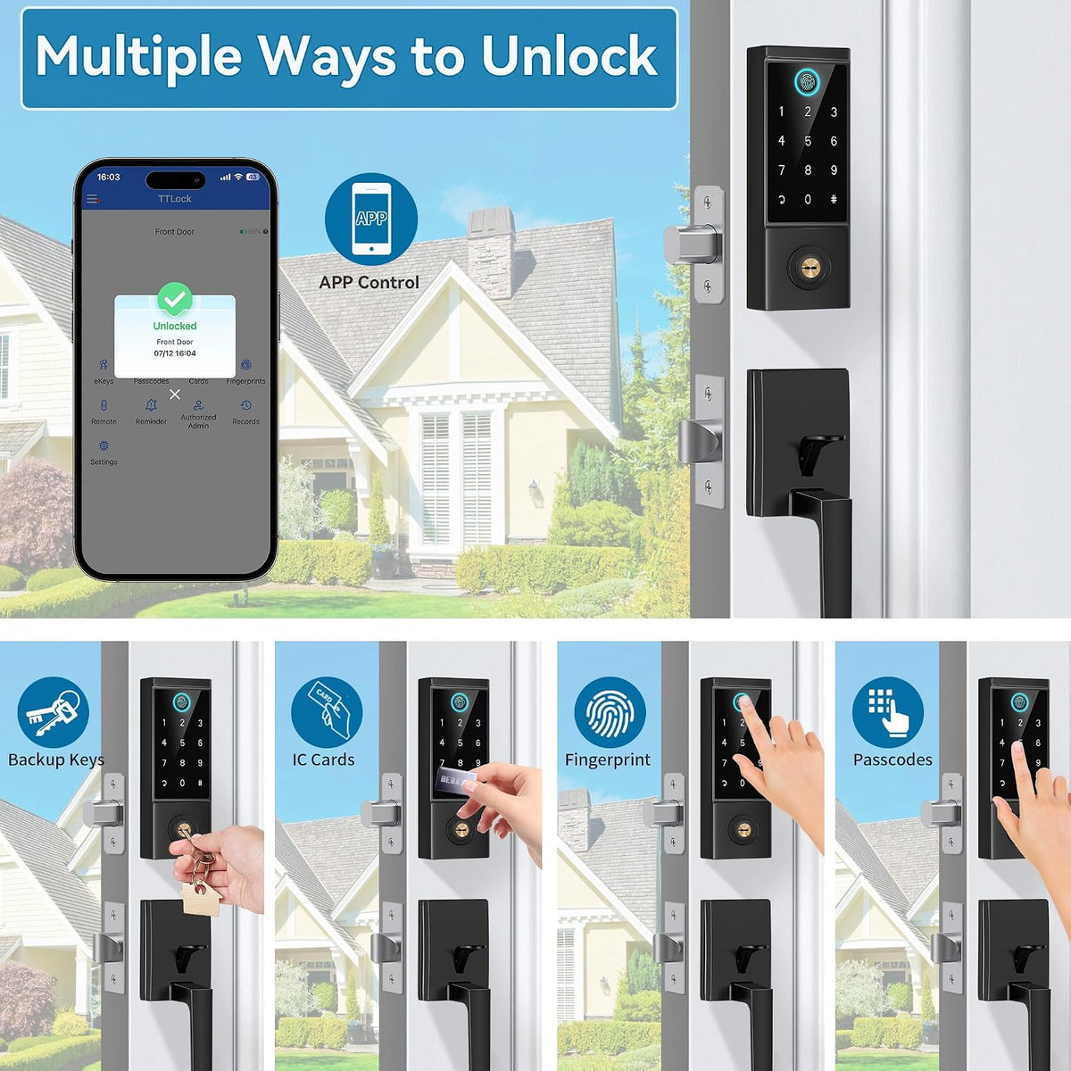 bebasia app fingerprint smart door lock with front, close-up detail