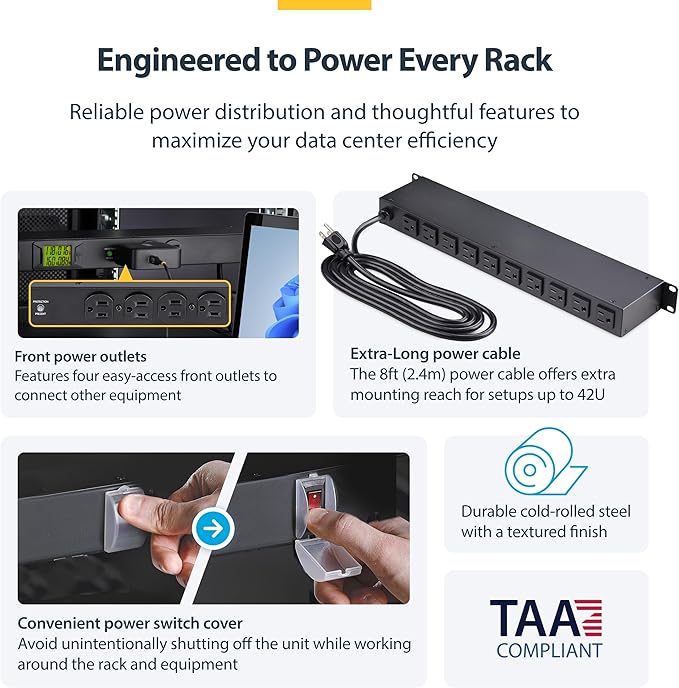 StarTech.com 16-Outlet Horizontal Rack Mount Metered PDU, 1U Server Power Strip