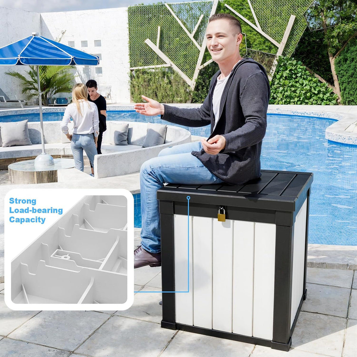 patiozen 51 gallon resin deck box, lockable patio, side view