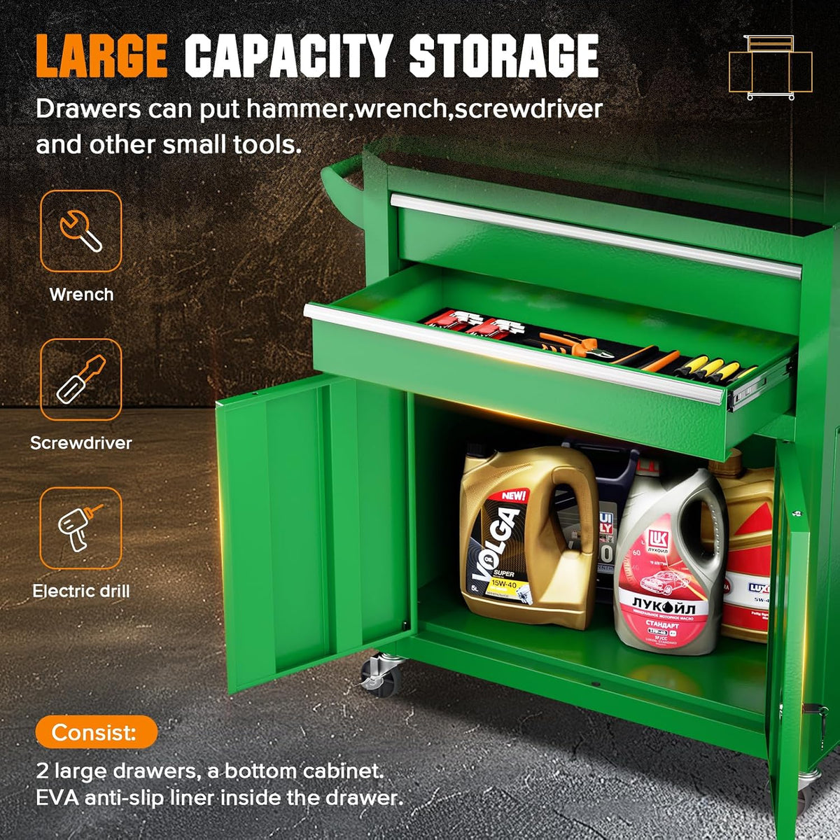 crownland 8 drawer rolling tool chest with wheels, side view
