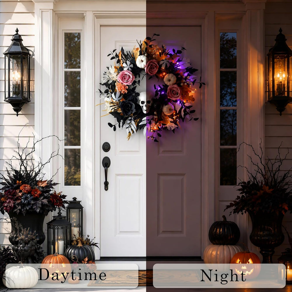 24'' Halloween Wreath for Front Door with Lights, Skeleton Skull