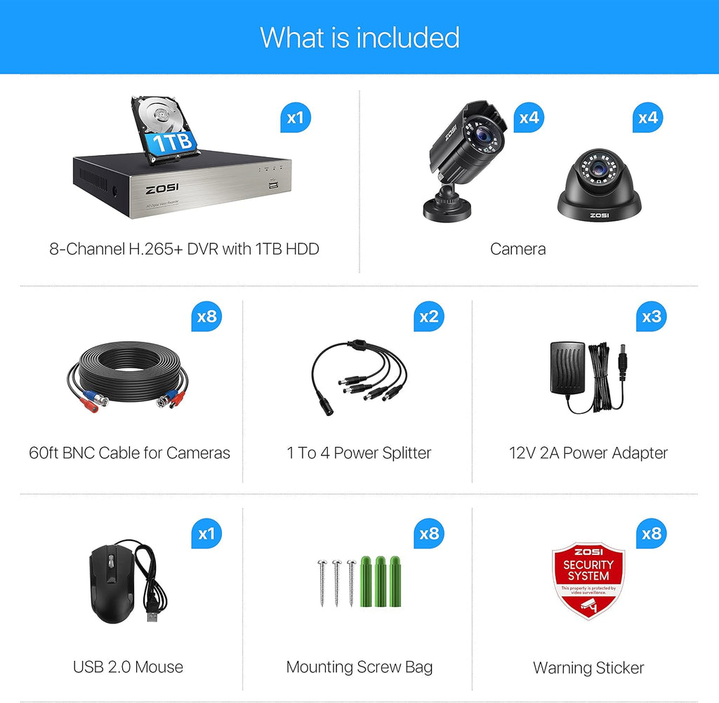 zosi 5mp lite home security camera system with, package contents