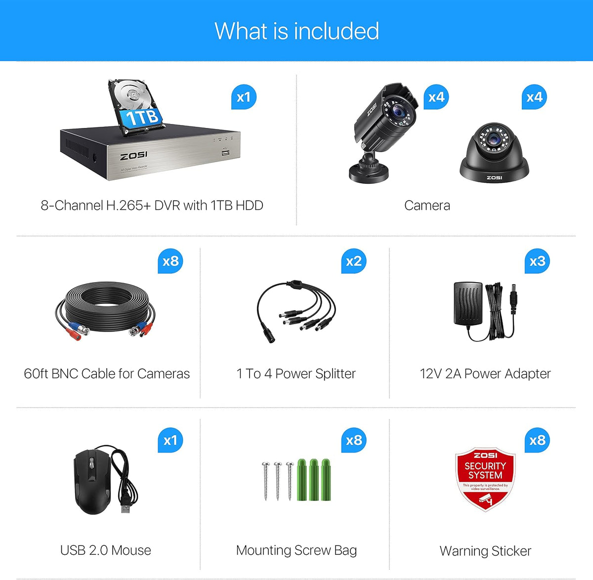 zosi 5mp lite home security camera system with, package contents