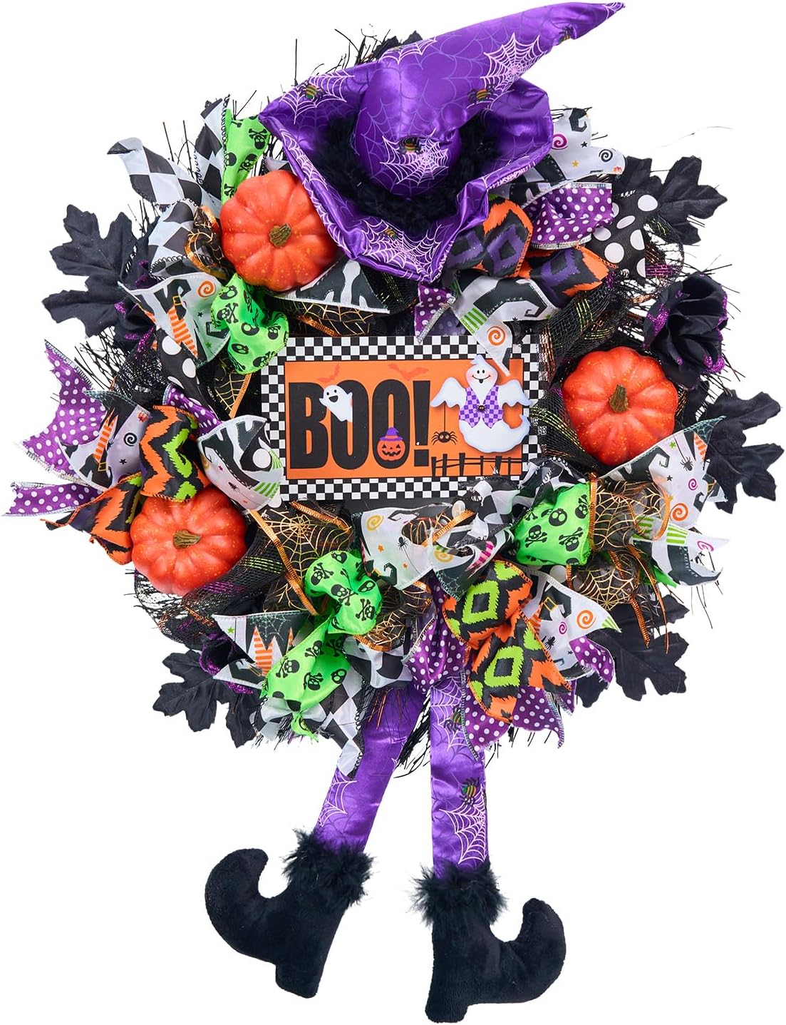 Halloween Wreath for Front Door,20 inch Whimsical mesh Wreath with Witch