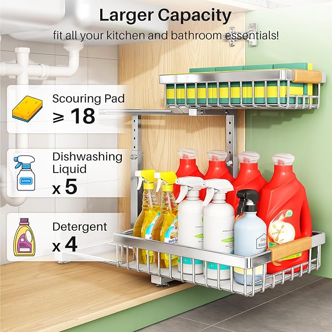 Under Sink Organizer, Stainless Steel 1-Pack 2 Tier Under Sink Organizers and