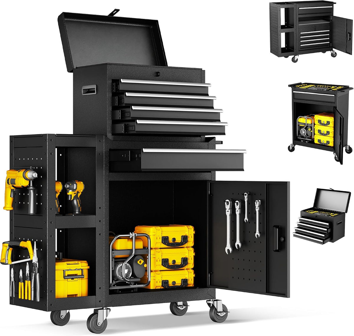 5 Drawer Rolling Tool Chest with Wheels, 3-in-1 Detachable Large Tool Cabinets with Removable 2-Tire Utility Cart, 30% Extra Storage Tool Cabinet for Garage Workshop, 29”x11”x 41” -2026 New Upgrade