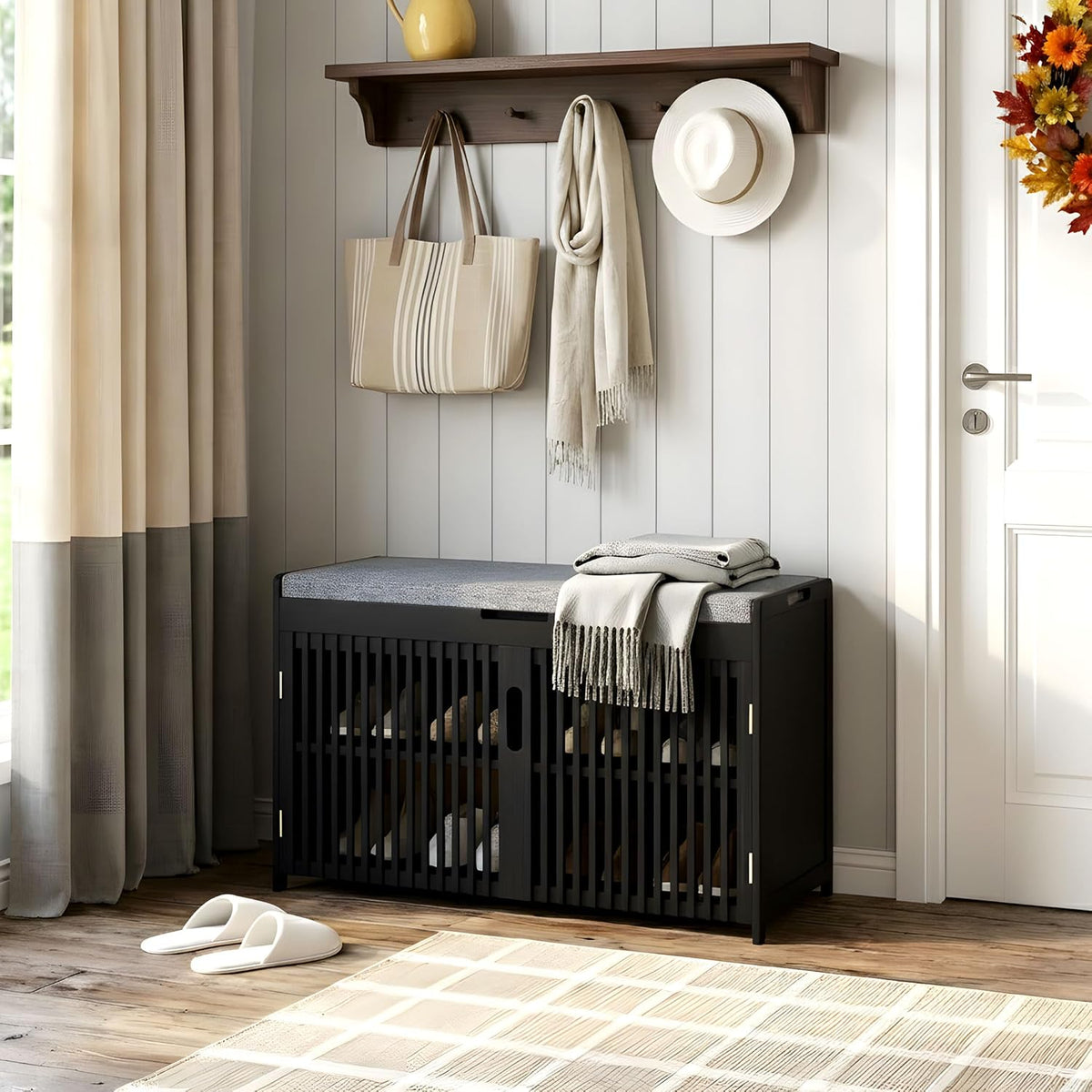 Shoe Storage Bench with Cushioned Seat 3-Tier Entryway Shoe Rack with Doors