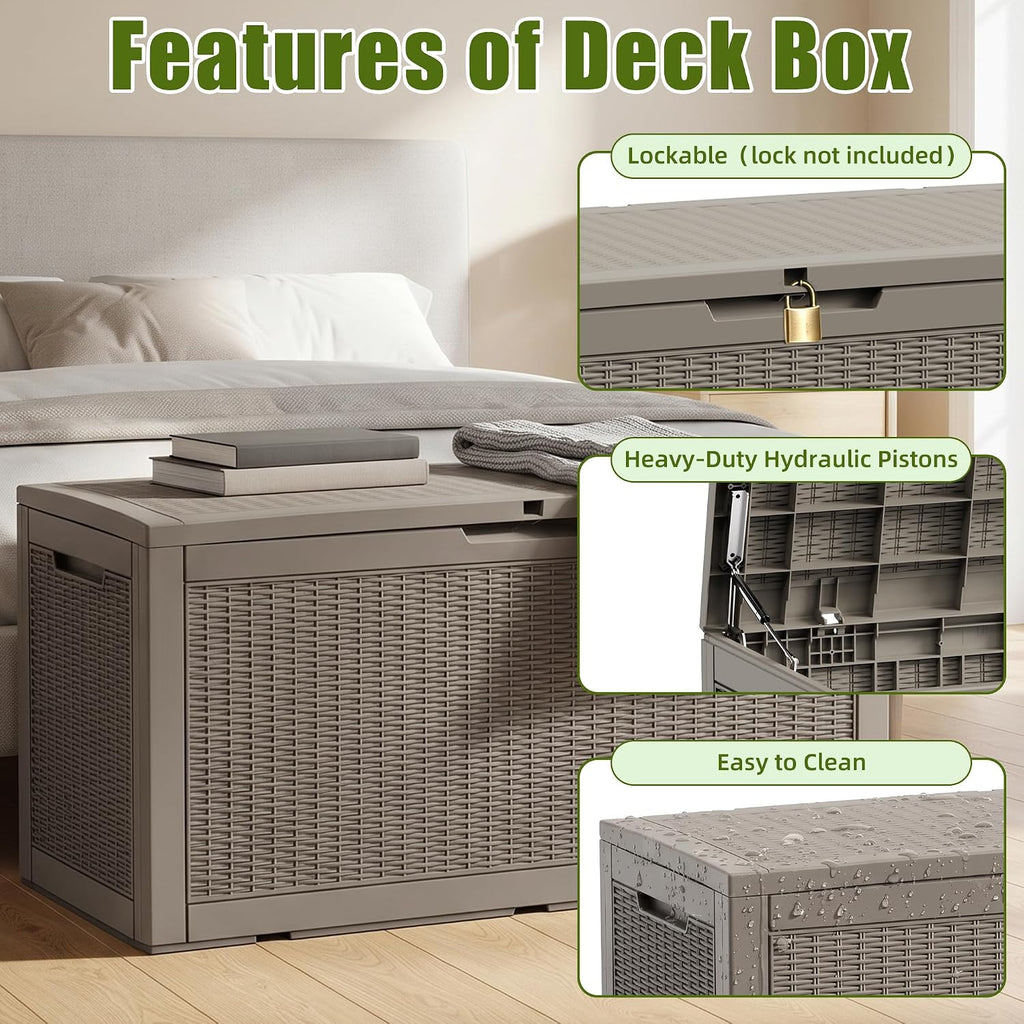 140 gallon deck box, lockable waterproof resin storage showing dimensions
