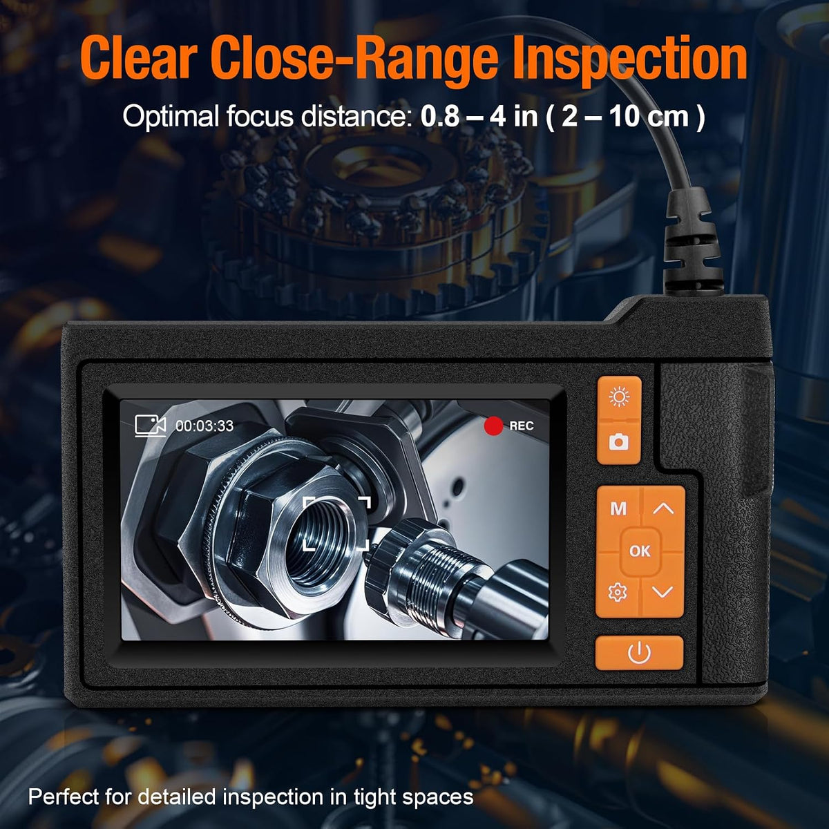 borescope camera with light, 4.3" ips screen endoscope showing dimensions