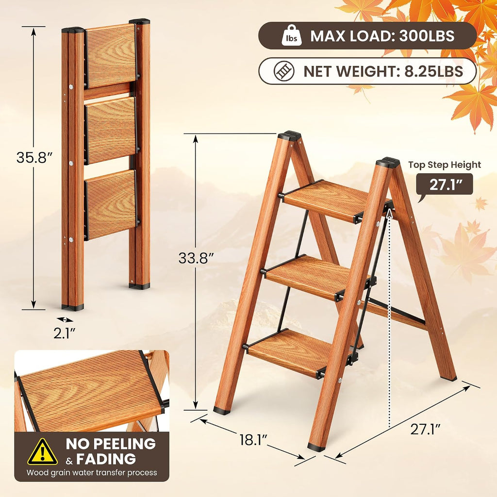 3 Step Ladder, Folding Step Stool with Anti-Slip Wide Pedal, Aluminum Material Lightweight Yet Sturdy, 300 Lbs Load, Cute Modern Apperance for Indoor Household Spaces