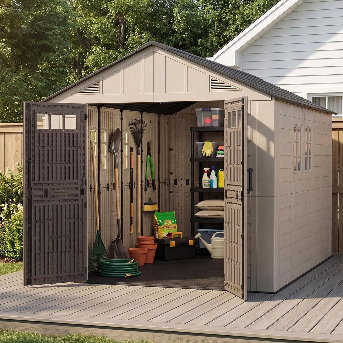 LazySunsets 8x12 Ft Outdoor Storage Shed with Light, Large Resin Outdoor Shed with Floor Included, 4 Windows & Lockable Door, Garden Plastic Storage Sheds for Bike, Lawn Tools, Garbage Can