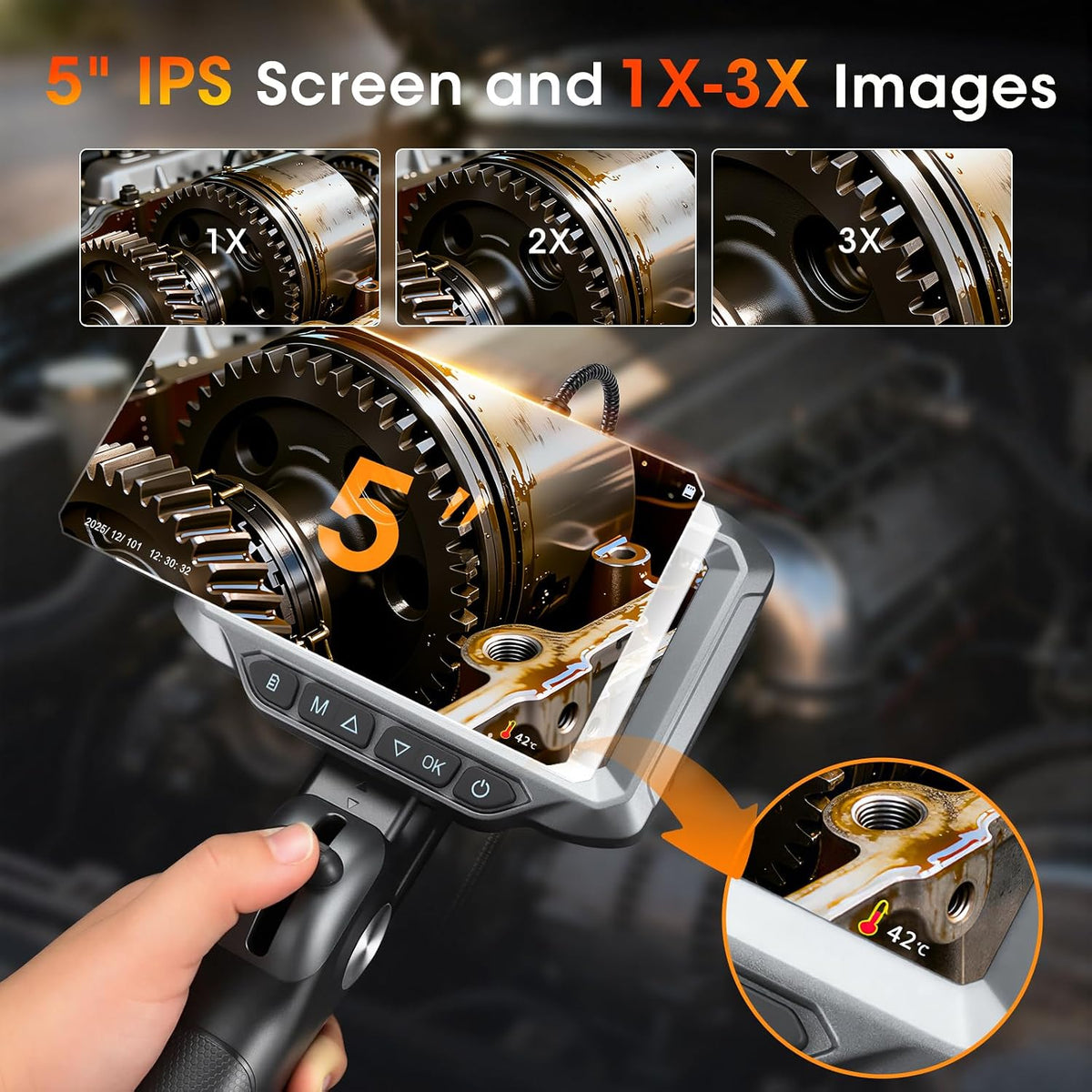 articulating borescope camera with light for automotive & showing dimensions