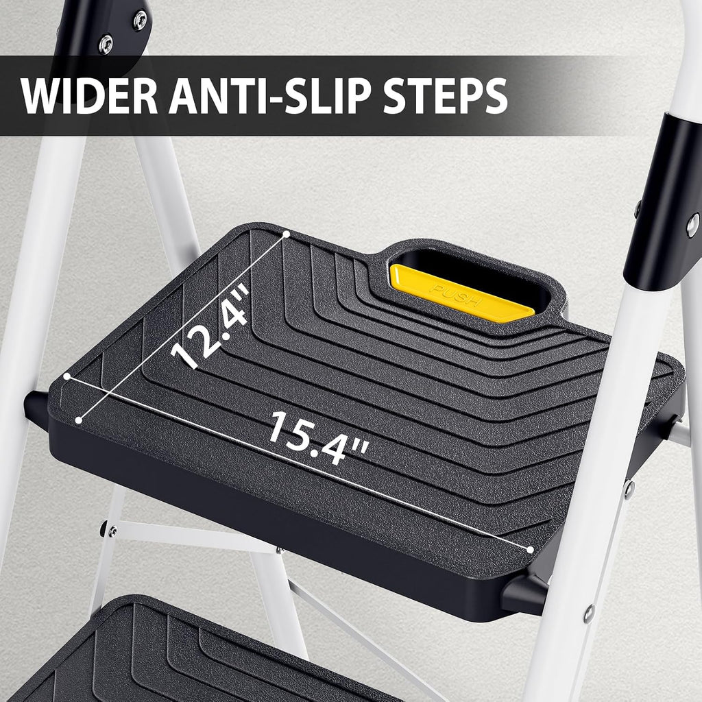 TOOLF 2 Step Ladder, Folding Portable Ladder with Anti-Slip Pedals, White