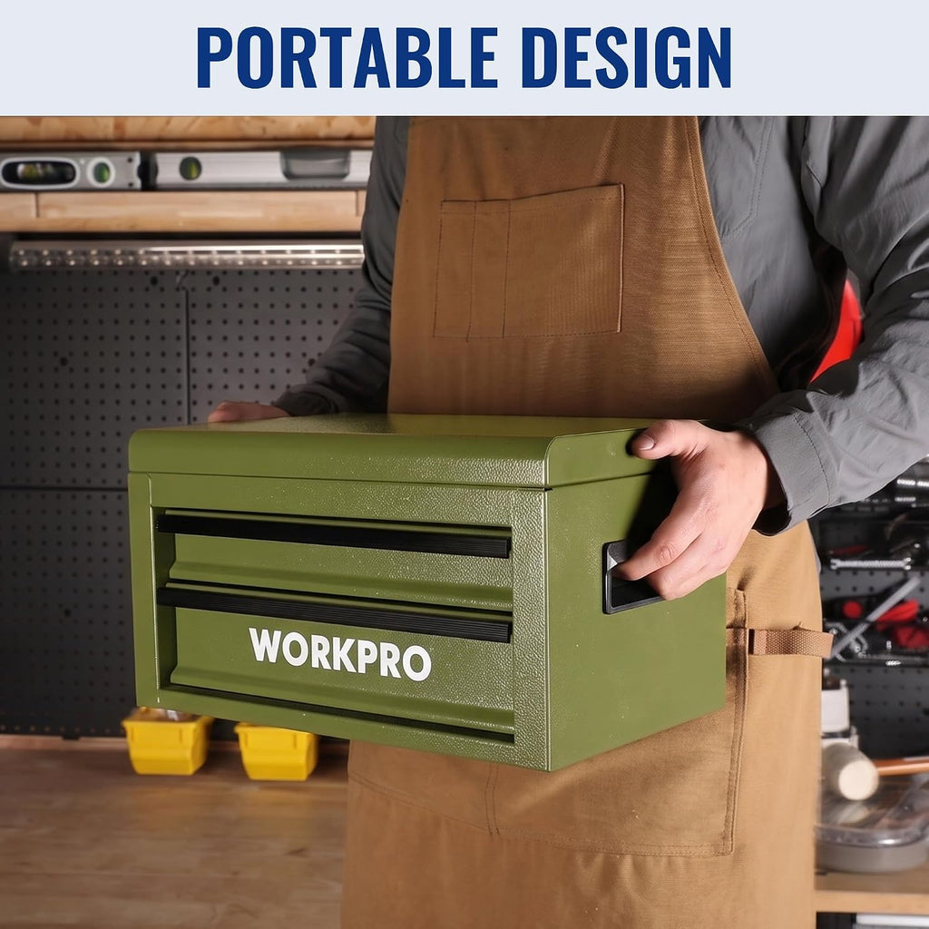 workpro 15-inch metal tool box with 2 drawers, package contents