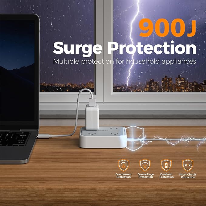 Surge Protector Long Extension Cord 25FT, TESSAN Flat Plug Power Strip