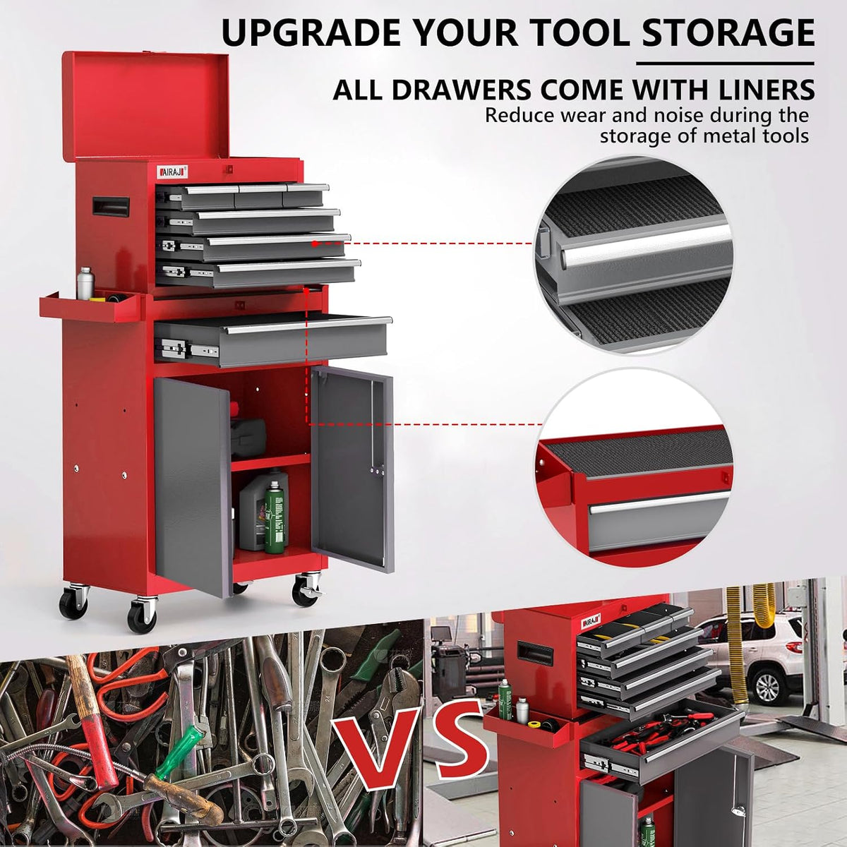 airaj tool chest 7-drawers, 40'' h rolling tool, side view