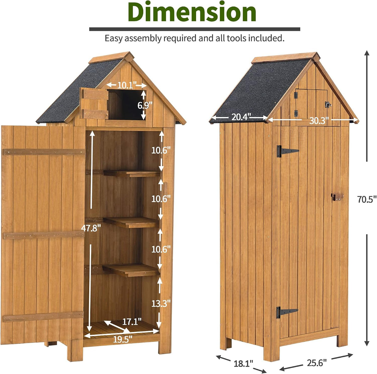 mcombo outdoor storage cabinet with shelves, wooden outside, close-up detail