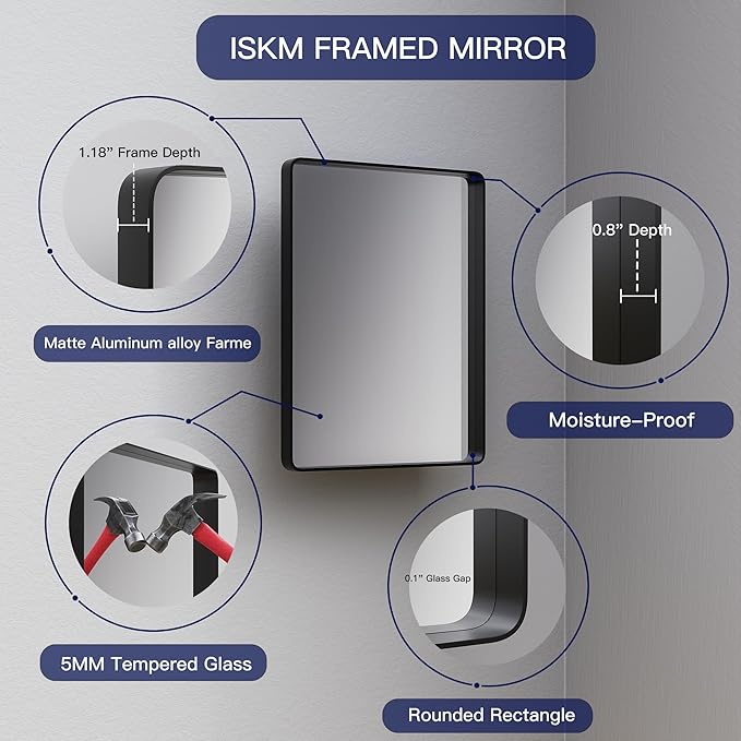 ISKM Black Bathroom Mirror for Wall 51" x 30" Matte Black Framed Vanity Mirror