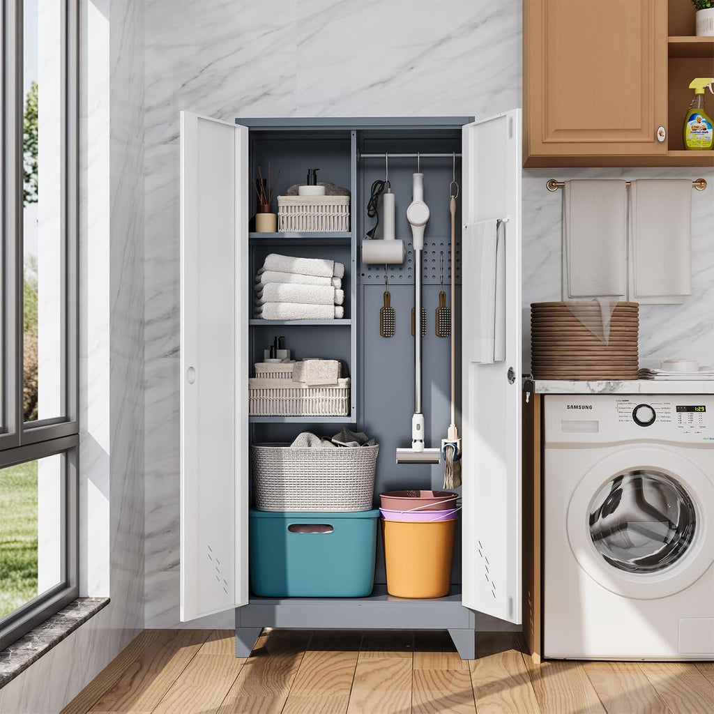 oseillc metal storage cabinet with locking doors, 61" shown in use