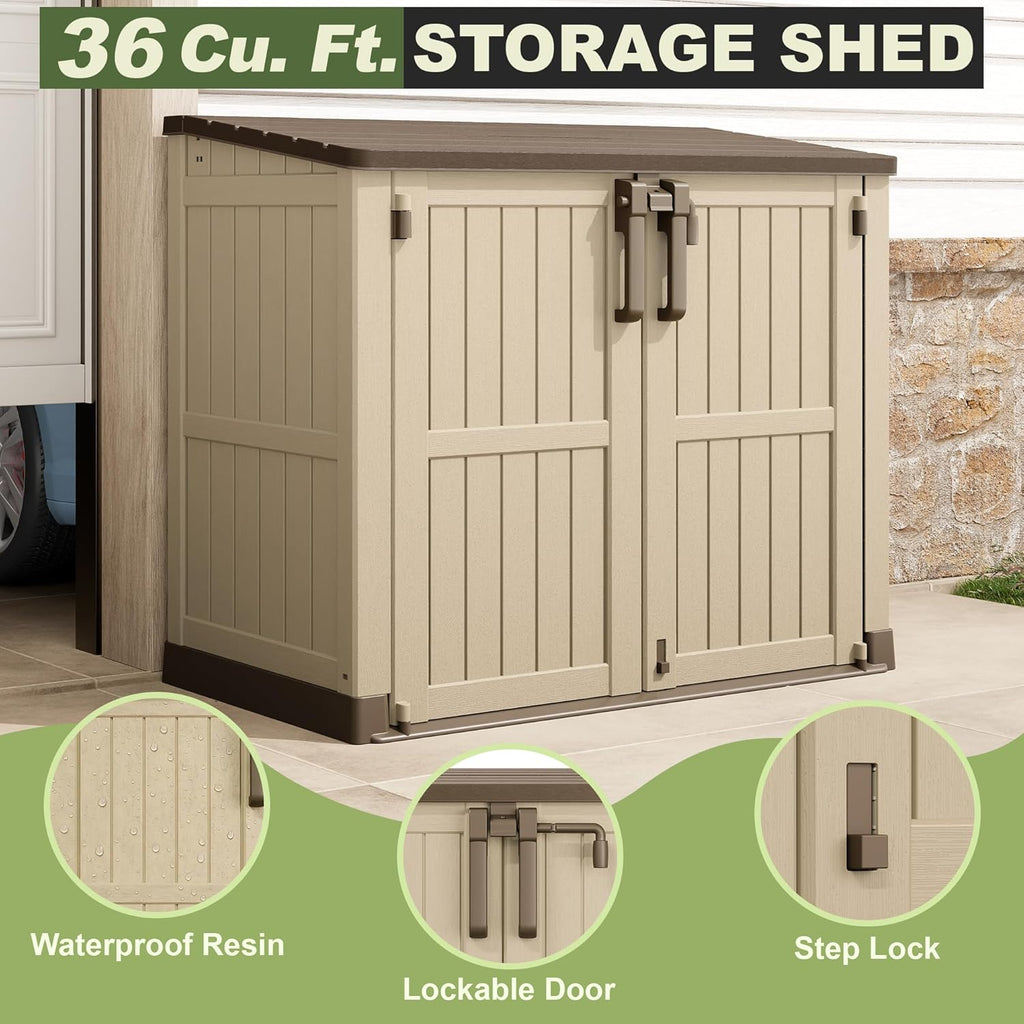 plastic outdoor storage shed, 36 cu ft waterproof, close-up detail