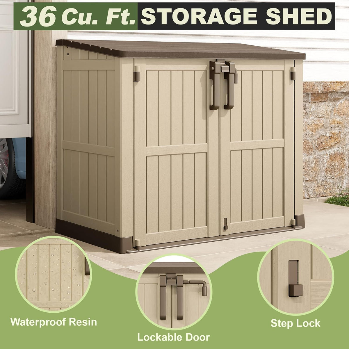 plastic outdoor storage shed, 36 cu ft waterproof, close-up detail