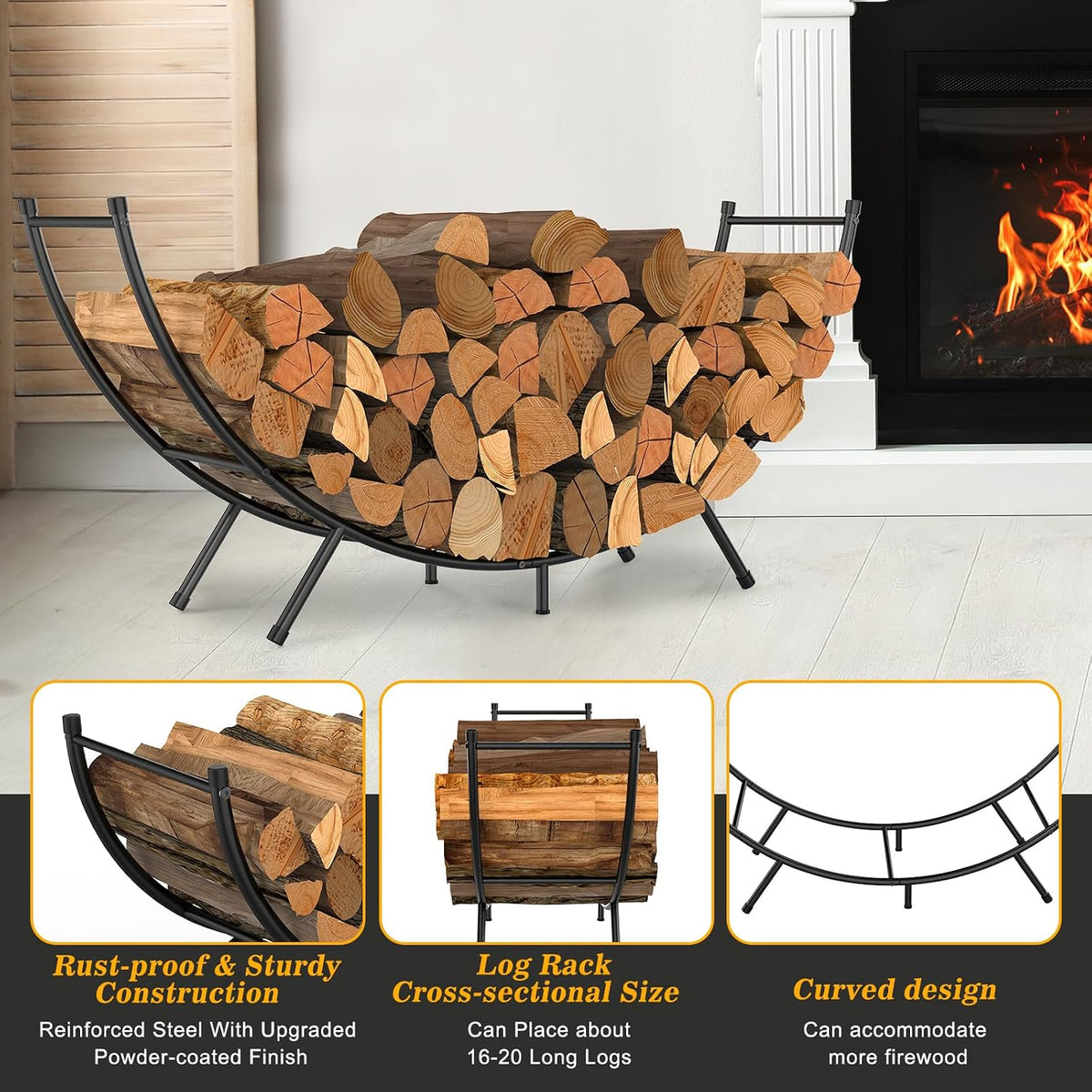 curved firewood rack,48 in powder-coated log holder for showing dimensions