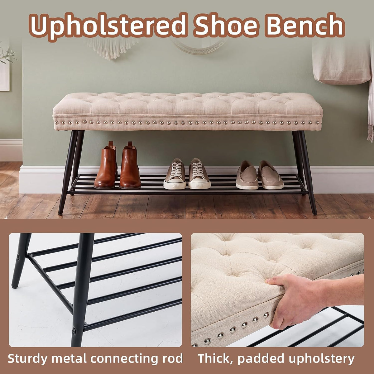 mistpople thick cushioned shoe bench, entryway bench with, side view