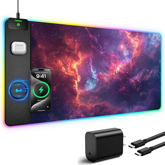TopMade Wireless Charging Mouse Pad, RGB Gaming Mousepad Home Office Desk Pad