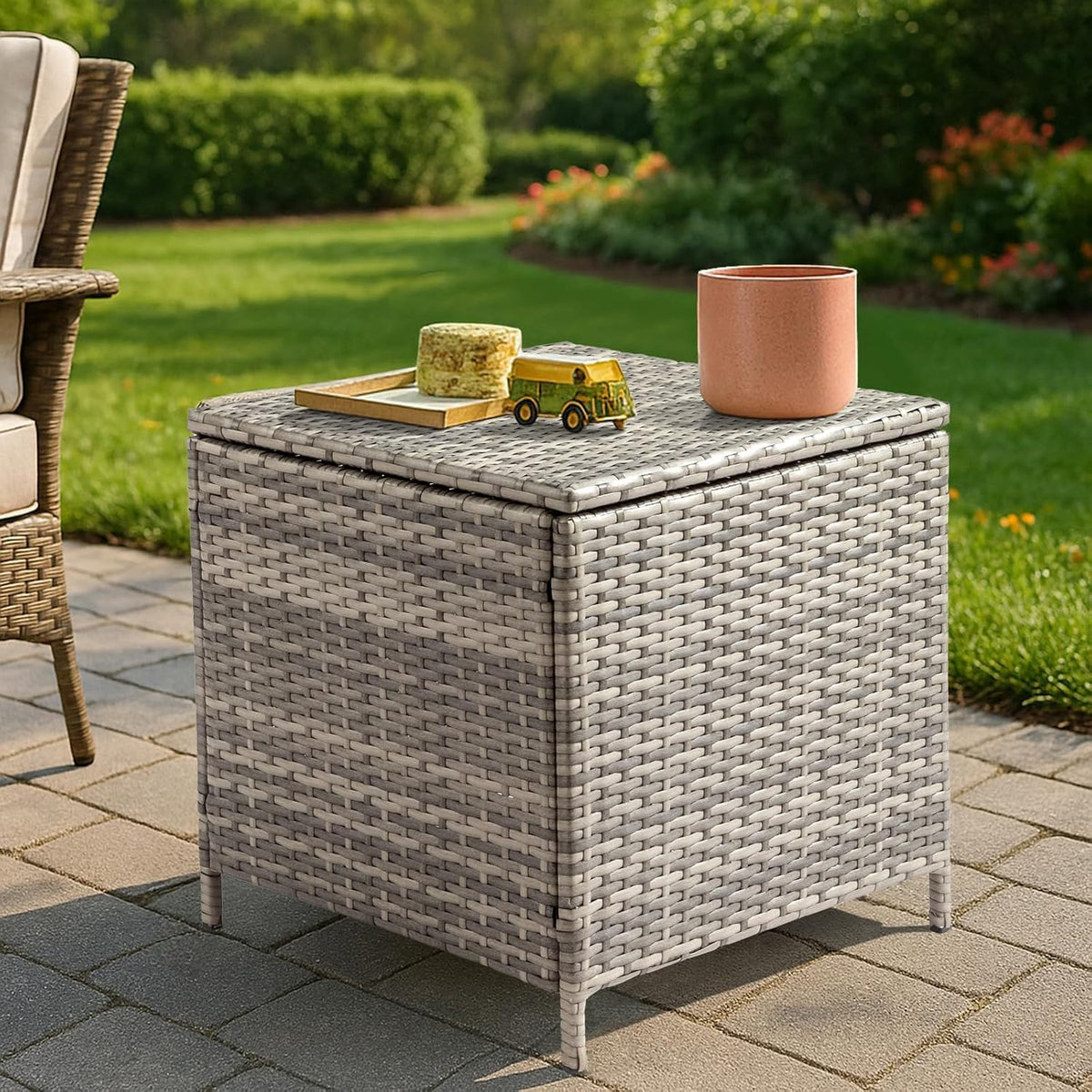 vingli 27 gallon outdoor deck box, wicker outdoor shown in use