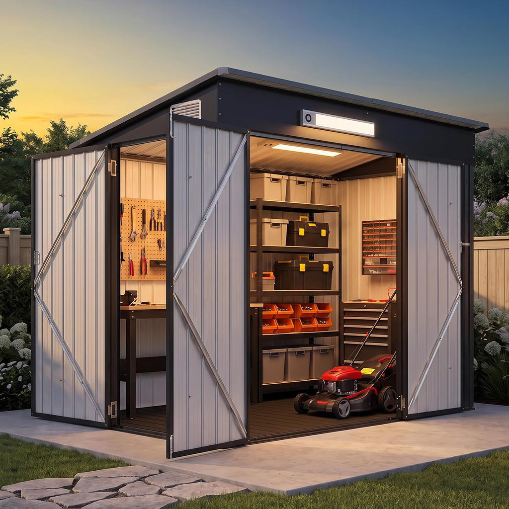 Aoxun 7.5'x4' Shed with 3 Doors & 14mm PP Floor & Magnetic Sensor Light