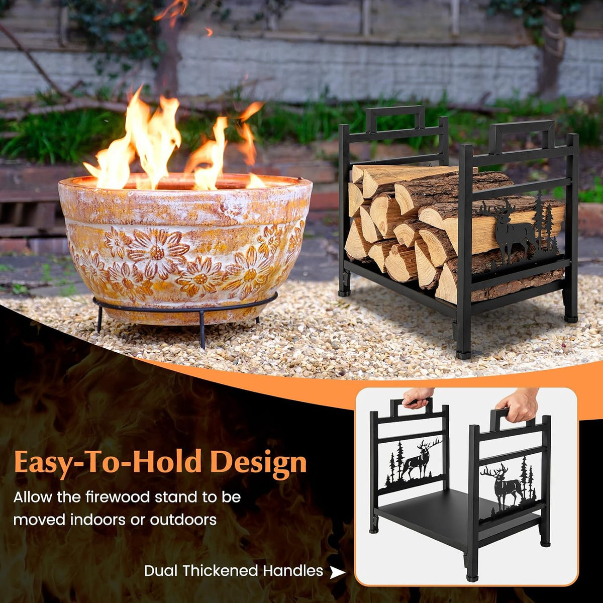 ironmax 18" heavy duty firewood rack with bottom showing dimensions