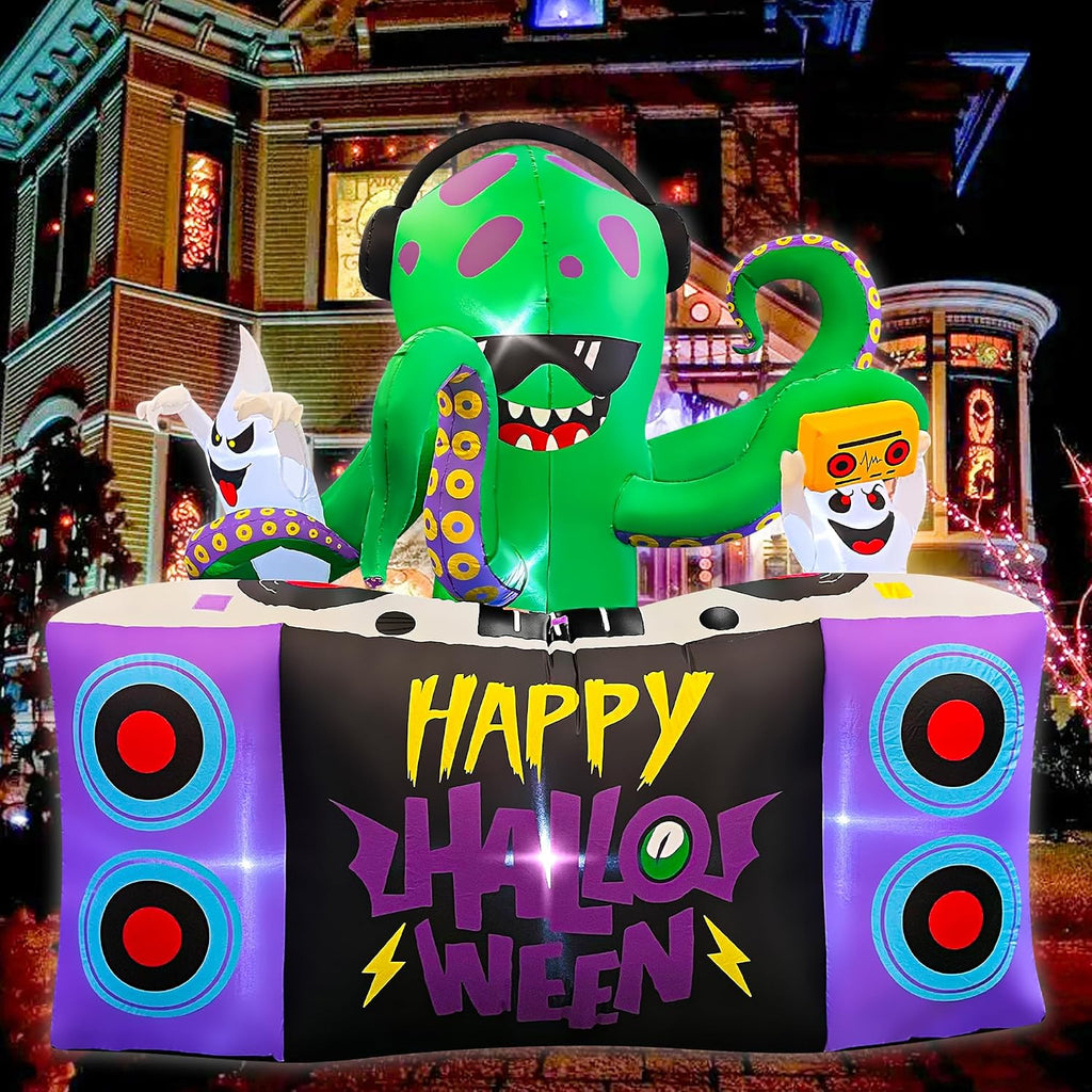 BLOWOUT FUN 6FT Halloween Inflatables DJ Octopus Playing Music on Turntable