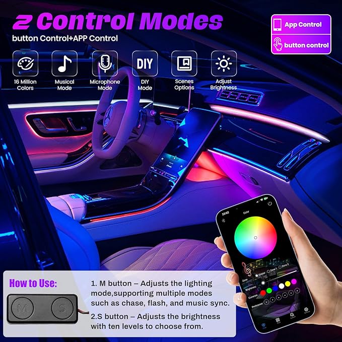 Acrylic Interior Car LED Strip Lights, Colorful 22-in-1 Car Ambient Lighting Kit