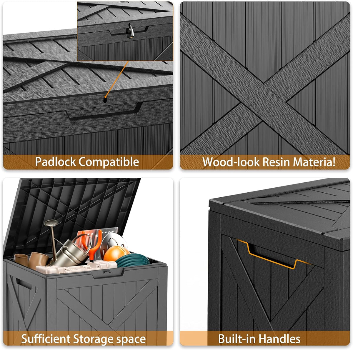 31 gallon outdoor storage box, large resin deck showing dimensions